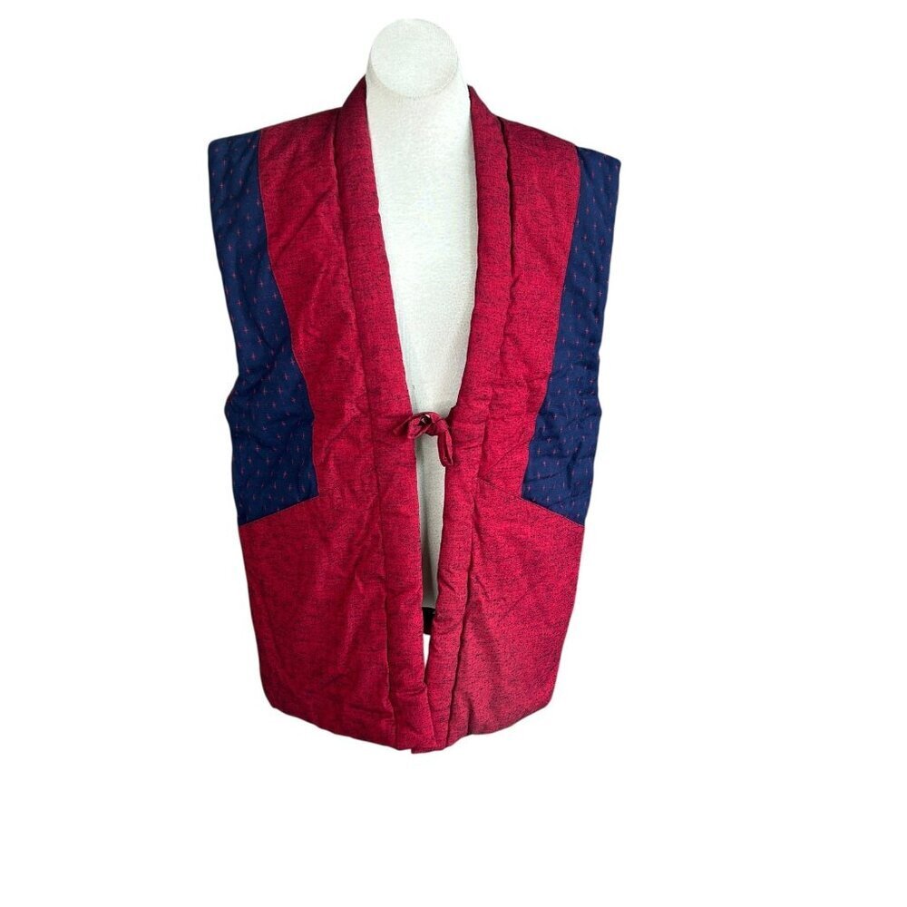 Japanese Vintage Handmade Hanten Blue and Red Padded Kimono Yukata Vest